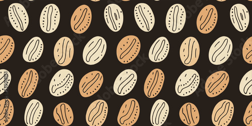 Roasted beans vector pattern. Coffee beans background. Graphic banner. Colorful vintage backdrop. Coffee, mocha drink illustration. Grain elements. Digital art. Hot drink illustration.