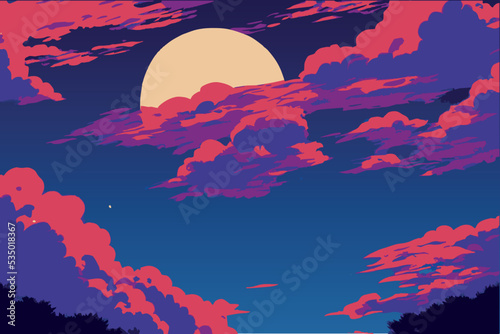 Beautiful moon in red clouds vector illustration.