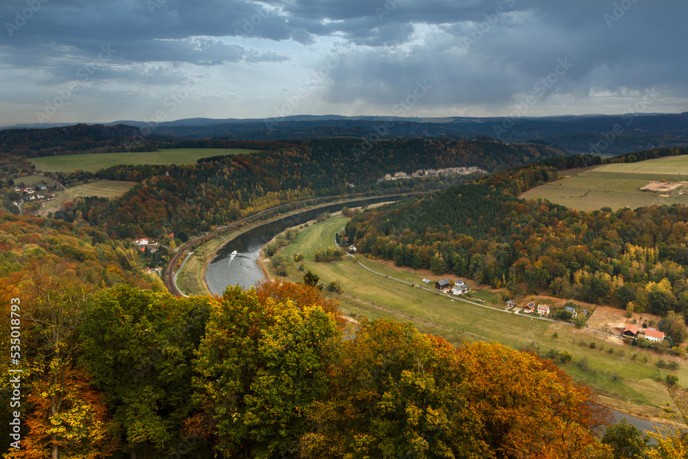 View of a village in the countryside in autumn near  Saxon Switzerland Mountains. Valley of river Elbe. Dresden. Germany.