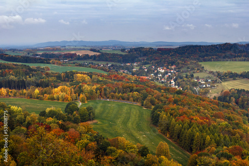 View of a village in the countryside in autumn near Saxon Switzerland Mountains. Dresden. Germany. 