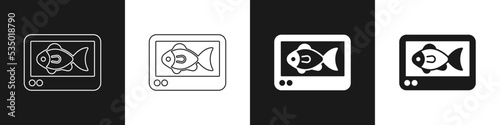 Set Fish finder echo sounder icon isolated on black and white background. Electronic equipment for fishing. Vector