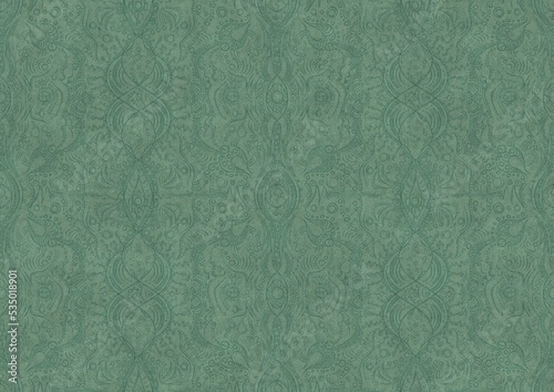 Hand-drawn unique abstract symmetrical seamless ornament. Dark semi transparent green on a light cold green background color. Paper texture. A4. (pattern: p09b)
