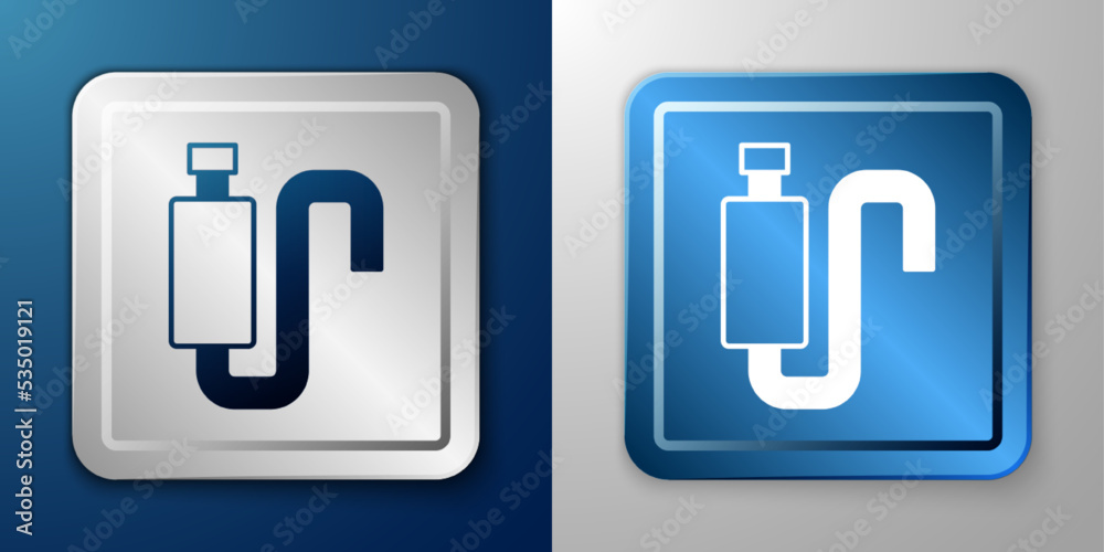 White Car muffler icon isolated on blue and grey background. Exhaust pipe. Silver and blue square button. Vector White Car muffler icon isolated on blue and grey background. Exhaust pipe. Silver and blue square button. Vector
