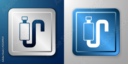 White Car muffler icon isolated on blue and grey background. Exhaust pipe. Silver and blue square button. Vector