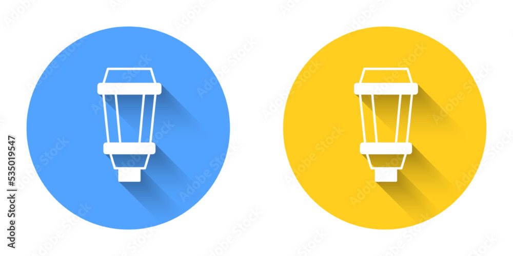 White Garden light lamp icon isolated with long shadow background. Solar powered lamp. Lantern. Street lamp. Circle button. Vector White Garden light lamp icon isolated with long shadow background. Solar powered lamp. Lantern. Street lamp. Circle button. Vector
