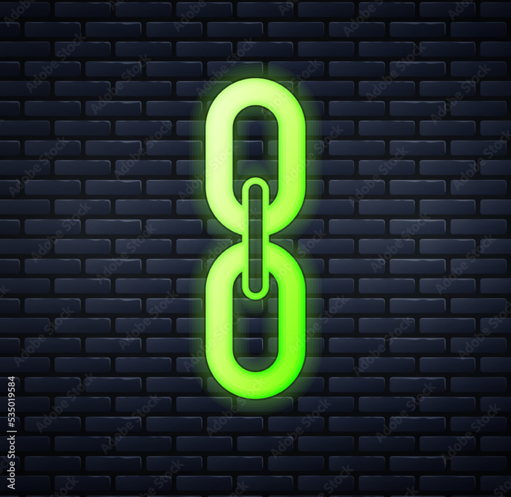 Glowing neon Chain link icon isolated on brick wall background. Link single. Hyperlink chain symbol. Vector Glowing neon Chain link icon isolated on brick wall background. Link single. Hyperlink chain symbol. Vector