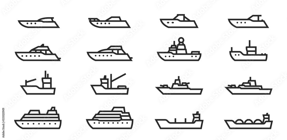 ship and boat line icon set. water transport symbol. vessels for sea travel and transportation - obrazy, fototapety, plakaty 
