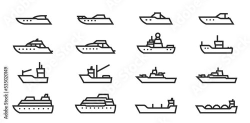 ship and boat line icon set. water transport symbol. vessels for sea travel and transportation