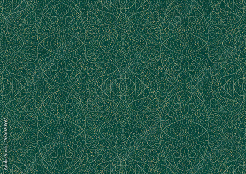 Hand-drawn unique abstract seamless ornament. Light green on a darker cold green background, with splatters of golden glitter. Paper texture. Digital artwork, A4. (pattern: p02-2b)