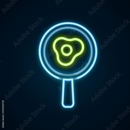 Glowing neon line Fried eggs on frying pan icon isolated on black background. Fry or roast food symbol. Colorful outline concept. Vector