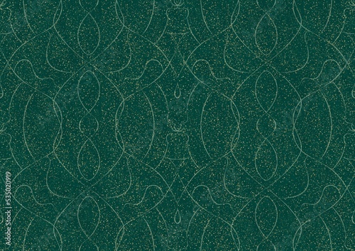 Hand-drawn unique abstract seamless ornament. Light green on a darker cold green background, with splatters of golden glitter. Paper texture. Digital artwork, A4. (pattern: p08-1b)