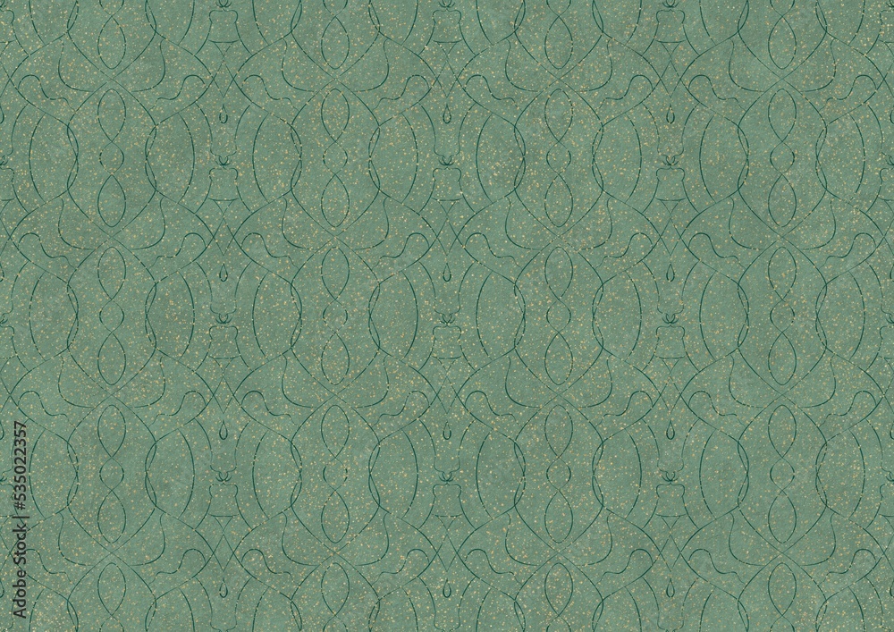 Fototapeta premium Hand-drawn unique abstract seamless ornament. Dark green on light cold green background, with splatters of golden glitter. Paper texture. Digital artwork, A4. (pattern: p08-1c)