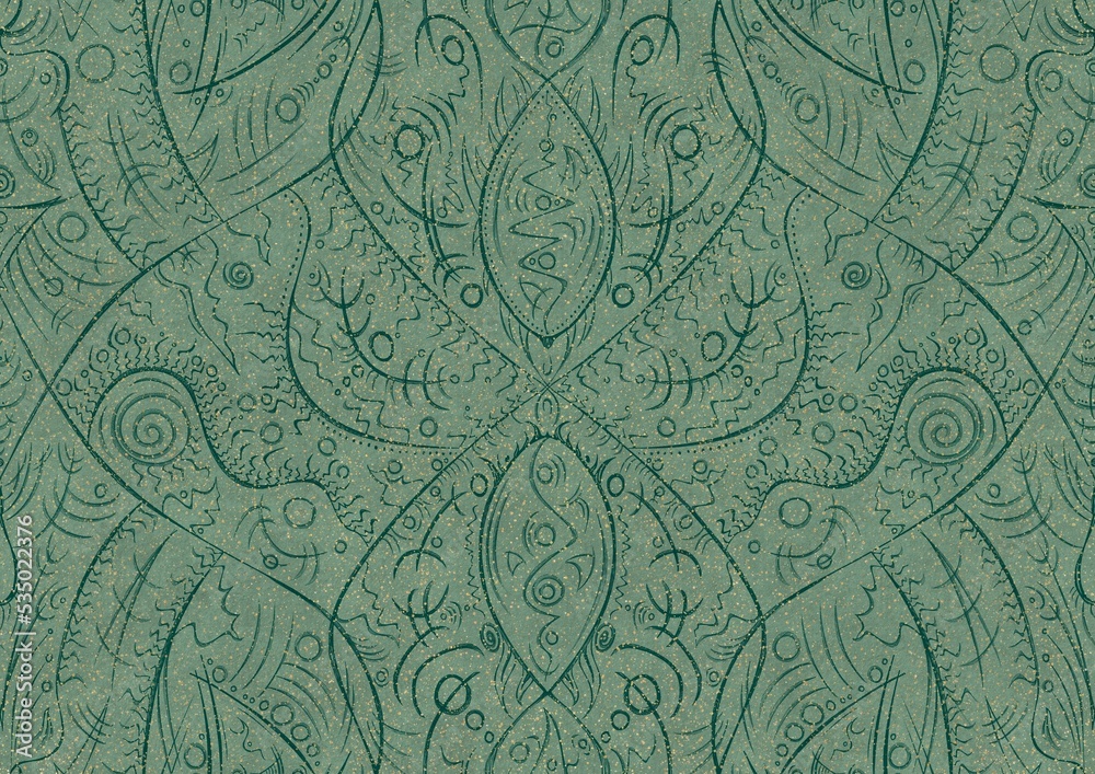 Hand-drawn unique abstract seamless ornament. Dark green on light cold green background, with splatters of golden glitter. Paper texture. Digital artwork, A4. (pattern: p08-2a)