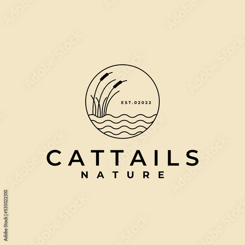 cattail grass badge logo line art vector illustration design