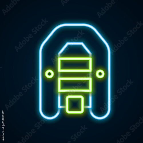 Glowing neon line Inflatable boat with outboard motor icon isolated on black background. Colorful outline concept. Vector