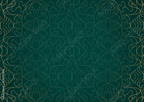 Hand-drawn unique abstract ornament. Light green on a dark cold green background, with vignette in golden glitter. Paper texture. Digital artwork, A4. (pattern: p02-1b)