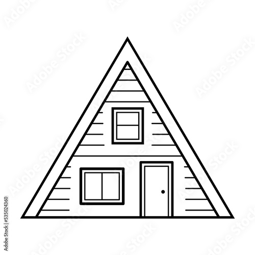 A-frame house. Wooden triangular village home. Doodle sketch style. Isolated vector illustration.