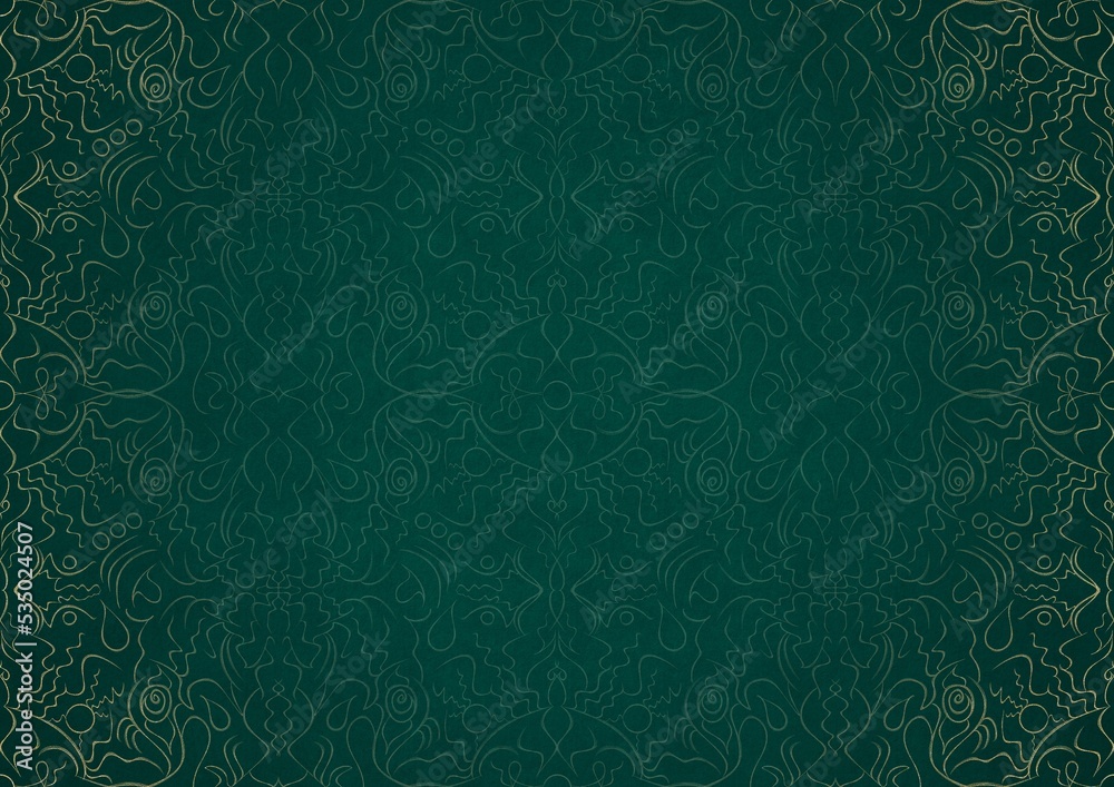 Hand-drawn unique abstract ornament. Light green on a dark cold green background, with vignette in golden glitter. Paper texture. Digital artwork, A4. (pattern: p07-1b) Hand-drawn unique abstract ornament. Light green on a dark cold green background, with vignette in golden glitter. Paper texture. Digital artwork, A4. (pattern: p07-1b)
