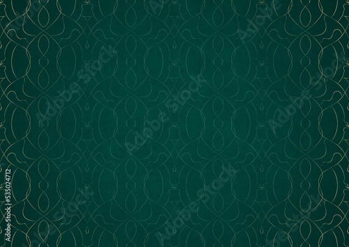 Hand-drawn unique abstract ornament. Light green on a dark cold green background, with vignette in golden glitter. Paper texture. Digital artwork, A4. (pattern: p08-1c)