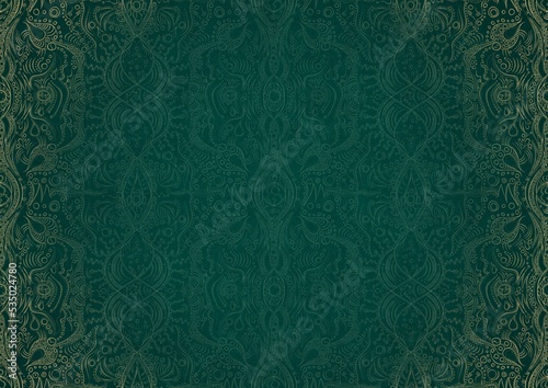Hand-drawn unique abstract ornament. Light green on a dark cold green background, with vignette in golden glitter. Paper texture. Digital artwork, A4. (pattern: p09b)