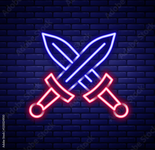 Glowing neon line Crossed medieval sword icon isolated on brick wall background. Medieval weapon. Colorful outline concept. Vector