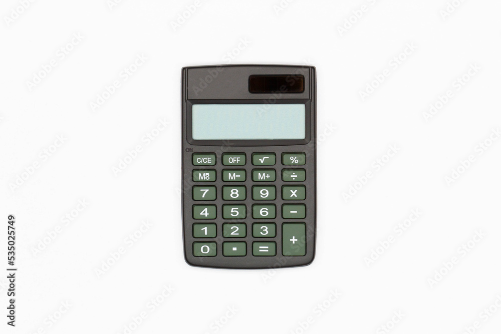 Calculator with brown buttons and empty digital screen on a white background. Isolated. Solar powered financial calculator. Electronic machine for math calculations. Business office supplies. Close-Up Calculator with brown buttons and empty digital screen on a white background. Isolated. Solar powered financial calculator. Electronic machine for math calculations. Business office supplies. Close-Up