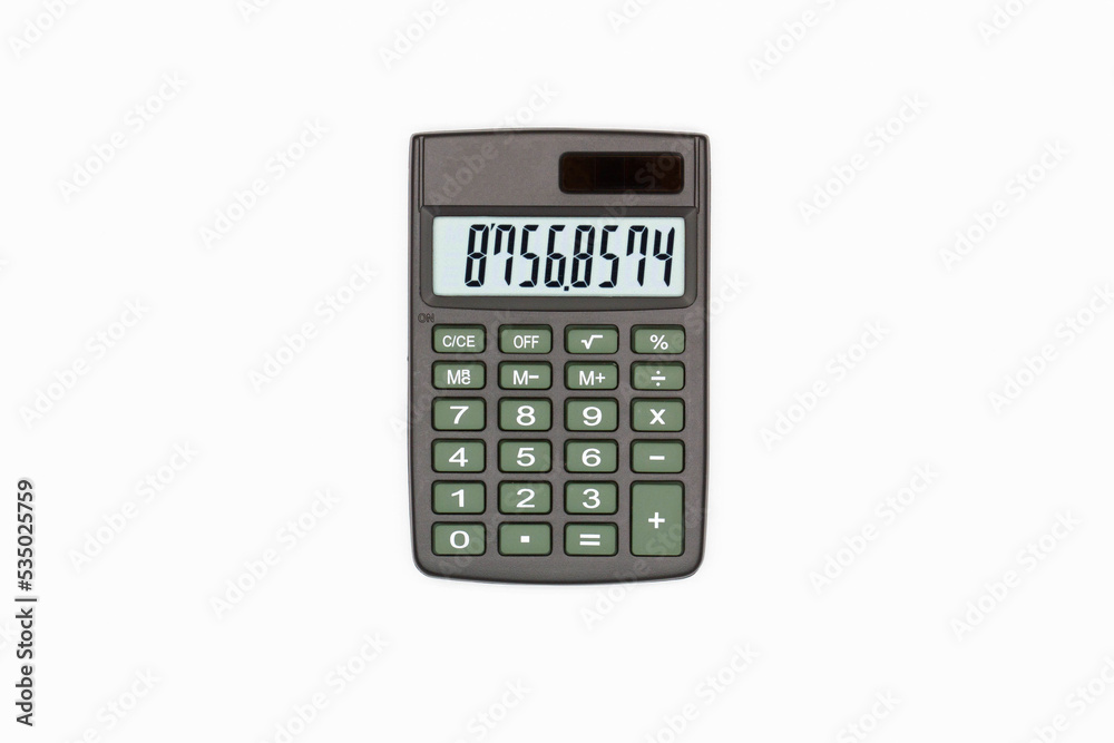 Calculator with brown buttons with numbers on the digital screen on a white background. Isolated. Solar powered financial calculator. Electronic machine for math. Business office supplies. Close-Up Calculator with brown buttons with numbers on the digital screen on a white background. Isolated. Solar powered financial calculator. Electronic machine for math. Business office supplies. Close-Up