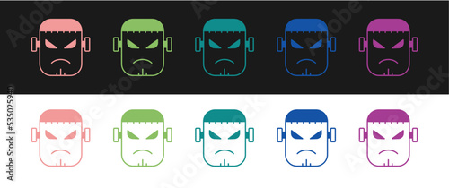 Set Scary monster - Frankenstein face icon isolated on black and white background. Happy Halloween party. Vector