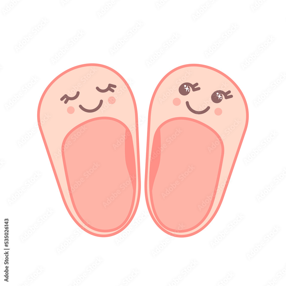 Cute pink baby shoes icon with kawaii face isolated on white balground. Cute pink baby shoes icon with kawaii face isolated on white balground.