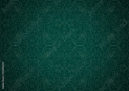 Hand-drawn unique abstract symmetrical seamless ornament. Bright green on a deep cold green with vignette of a darker background color. Paper texture. Digital artwork, A4. (pattern: p07-1b)