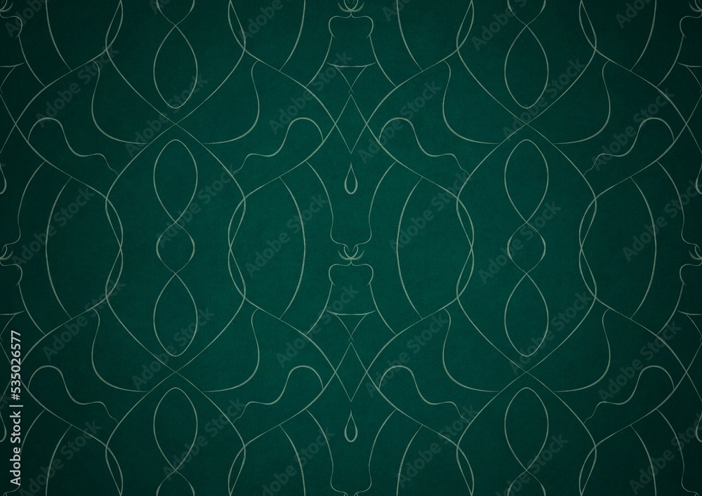 Hand-drawn unique abstract symmetrical seamless ornament. Bright green on a deep cold green with vignette of a darker background color. Paper texture. Digital artwork, A4. (pattern: p08-1b) Hand-drawn unique abstract symmetrical seamless ornament. Bright green on a deep cold green with vignette of a darker background color. Paper texture. Digital artwork, A4. (pattern: p08-1b)