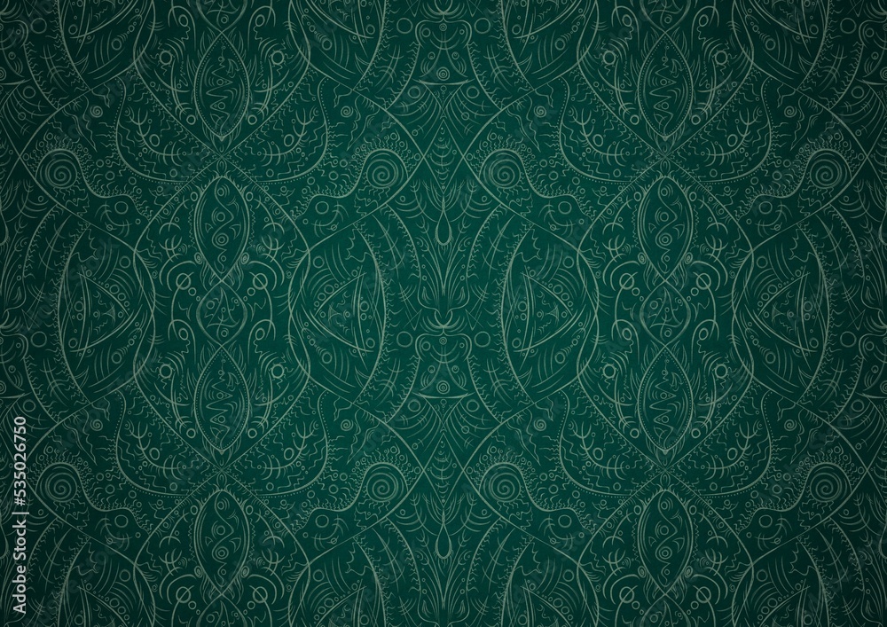 Hand-drawn unique abstract symmetrical seamless ornament. Bright green on a deep cold green with vignette of a darker background color. Paper texture. Digital artwork, A4. (pattern: p08-2b) Hand-drawn unique abstract symmetrical seamless ornament. Bright green on a deep cold green with vignette of a darker background color. Paper texture. Digital artwork, A4. (pattern: p08-2b)
