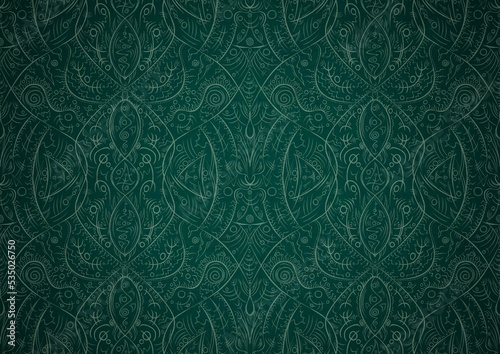 Hand-drawn unique abstract symmetrical seamless ornament. Bright green on a deep cold green with vignette of a darker background color. Paper texture. Digital artwork, A4. (pattern: p08-2b)