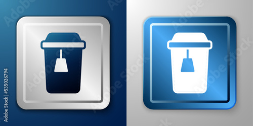 White Cup of tea icon isolated on blue and grey background. Silver and blue square button. Vector