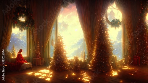 Christmas decorations on a winter holiday window. Frozen evening window  garlands  lanterns  Christmas tree. Holiday and fun atmosphere. Dark festive interior. 3D illustration.