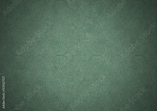 Hand-drawn unique abstract symmetrical seamless ornament. Dark semi transparent green on a light cold green with vignette of a darker background color. Paper texture. A4. (pattern: p07-1b)