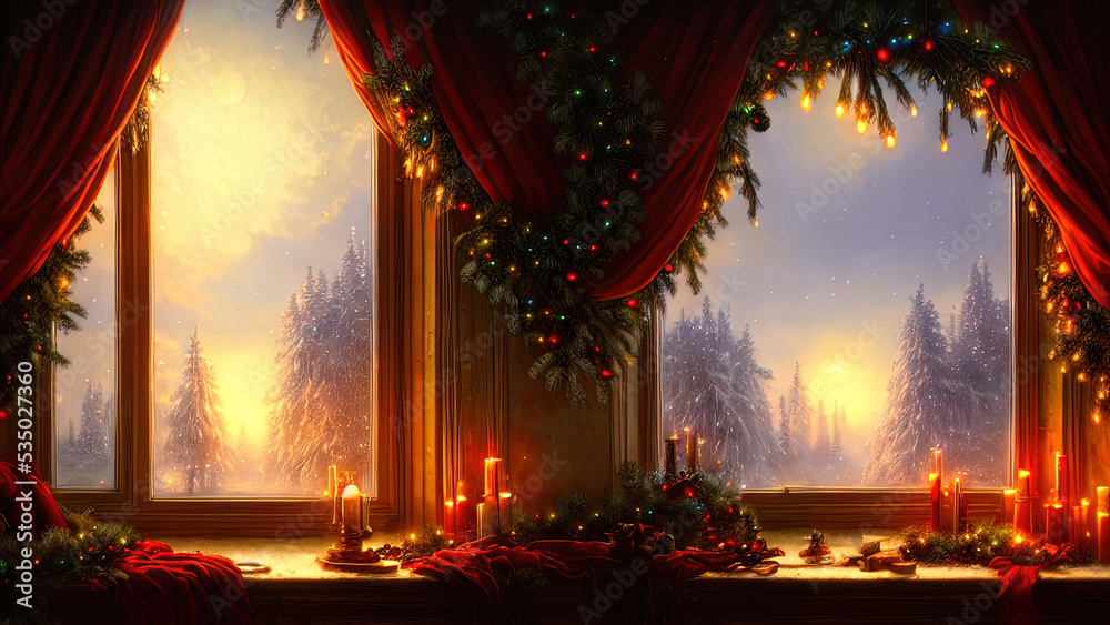 Fototapeta premium Christmas decorations on a winter holiday window. Frozen evening window, garlands, lanterns, Christmas tree. Holiday and fun atmosphere. Dark festive interior. 3D illustration.