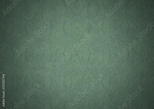 Hand-drawn unique abstract symmetrical seamless ornament. Dark semi transparent green on a light cold green with vignette of a darker background color. Paper texture. A4. (pattern: p08-1c)