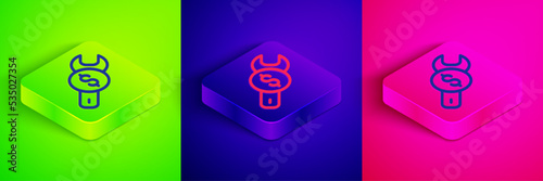 Isometric line Repair price icon isolated on green, blue and pink background. Dollar and wrench. Square button. Vector