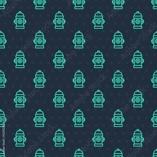 Green line Fire hydrant icon isolated seamless pattern on blue background. Vector