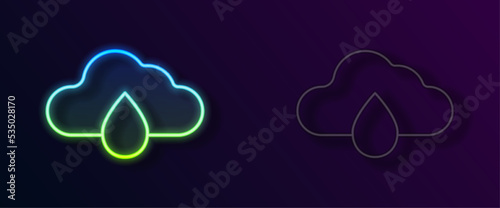 Glowing neon line Cloud with rain icon isolated on black background. Rain cloud precipitation with rain drops. Vector