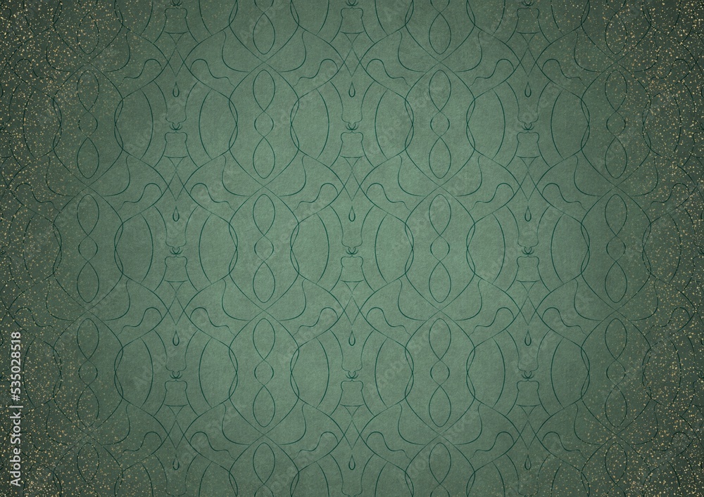 custom made wallpaper toronto digitalHand-drawn unique ornament. Dark green on light cold green background, with vignette of darker background color and splatters of golden glitter. Paper texture. Digital artwork, A4. (pattern: p08-1c)