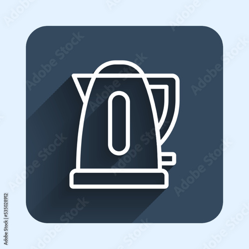 White line Electric kettle icon isolated with long shadow background. Teapot icon. Blue square button. Vector