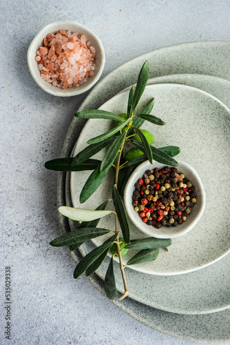Overhead view of an olive branch, pink himalayan salt and mixed peppercorns on a stack of ceramic plates photo