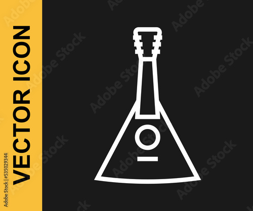 White line Musical instrument balalaika icon isolated on black background. Vector