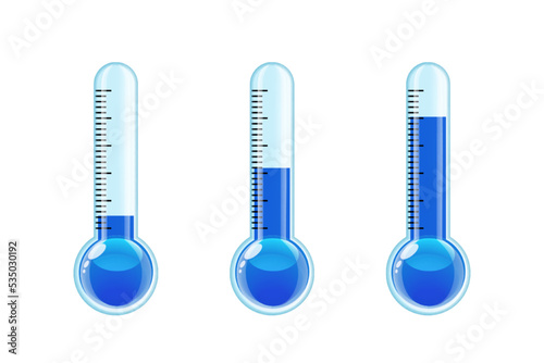 Set of three transparent blue thermometers with different levels. Cold weather.