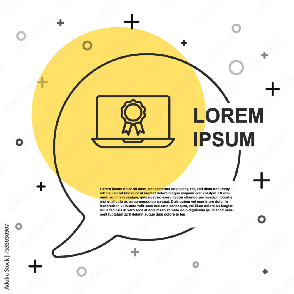 Black line Online education with diploma icon isolated on white background. Diploma online at home. Webinar and video seminar learning. Random dynamic shapes. Vector Black line Online education with diploma icon isolated on white background. Diploma online at home. Webinar and video seminar learning. Random dynamic shapes. Vector