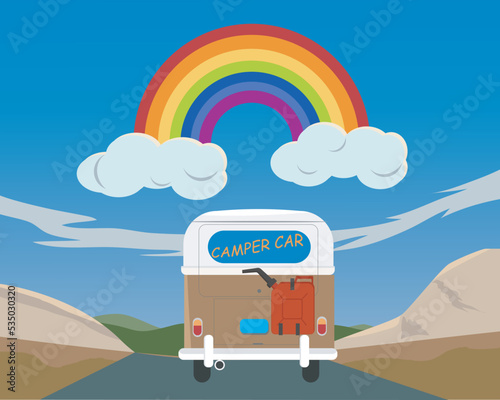 Camper van travel and rainbow on sky ,summer concept,
