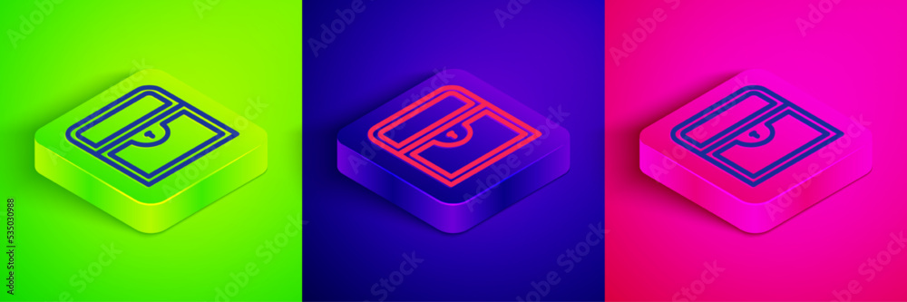 Isometric line Antique treasure chest icon isolated on green, blue and pink background. Vintage wooden chest with golden coin. Square button. Vector Isometric line Antique treasure chest icon isolated on green, blue and pink background. Vintage wooden chest with golden coin. Square button. Vector