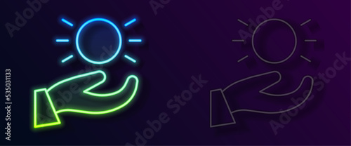 Glowing neon line Ball levitating above hand icon isolated on black background. Levitation symbol. Vector